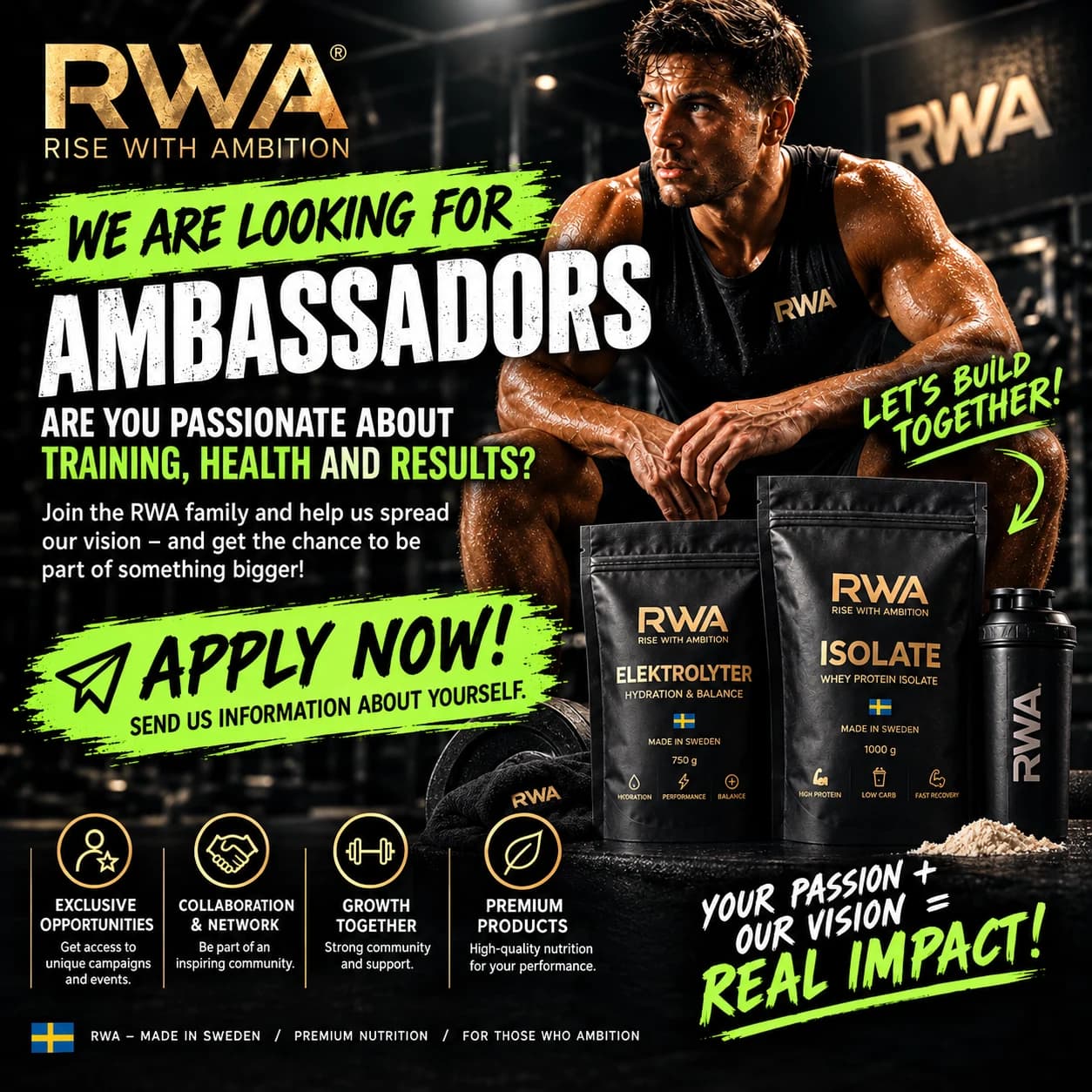 RWA Ambassador recruitment artwork in English, featuring an athlete and RWA products