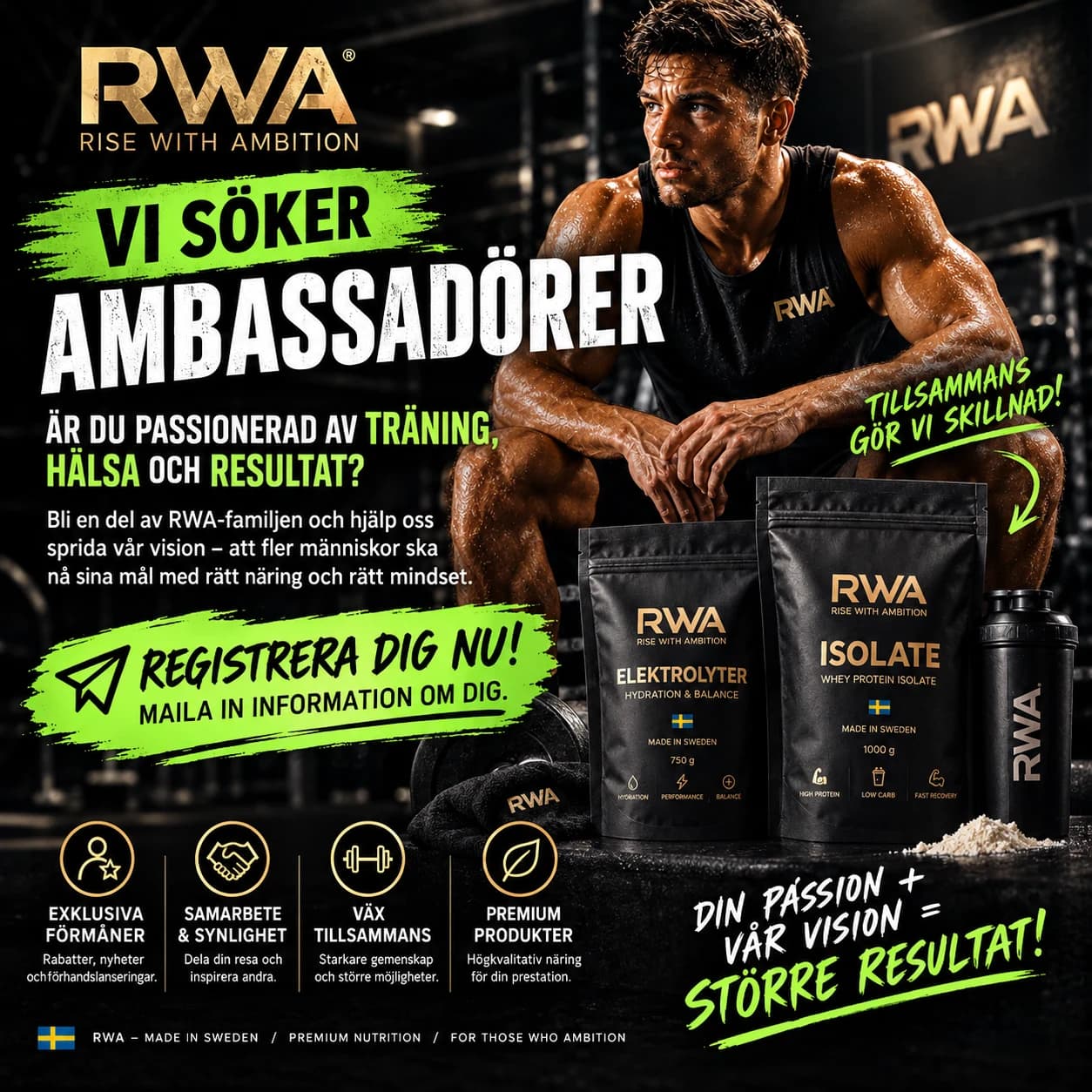 Svensk rekryteringsbild för RWA Ambassador Program med en idrottare och RWA-produkter