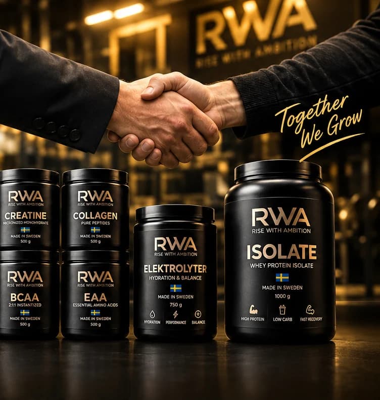 A partnership handshake above RWA products in black and gold packaging